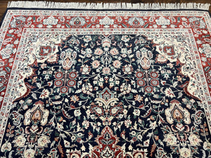 Pak Persian Rug 6x9, Floral Medallion, Dark Blue, Traditional Oriental Carpet, Handmade Wool Vintage Medium Size Rug, 240 KPSI