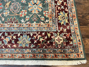 Indo Persian Rug 9x12, Wool Hand Knotted Vintage Carpet, Green and Maroon, Traditional Allover Floral Design, 9 x 12 Room Sized Rug