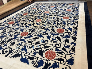 Antique Chinese Peking Rug 10x14, Beige Black, Handmade Wool Art Deco Carpet
