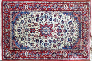 3' X 5' Vintage Handmade Authentic Oriental Floral Medallion Fine Wool Rug Beige Red and Blue Top Quality Veg Dyes
