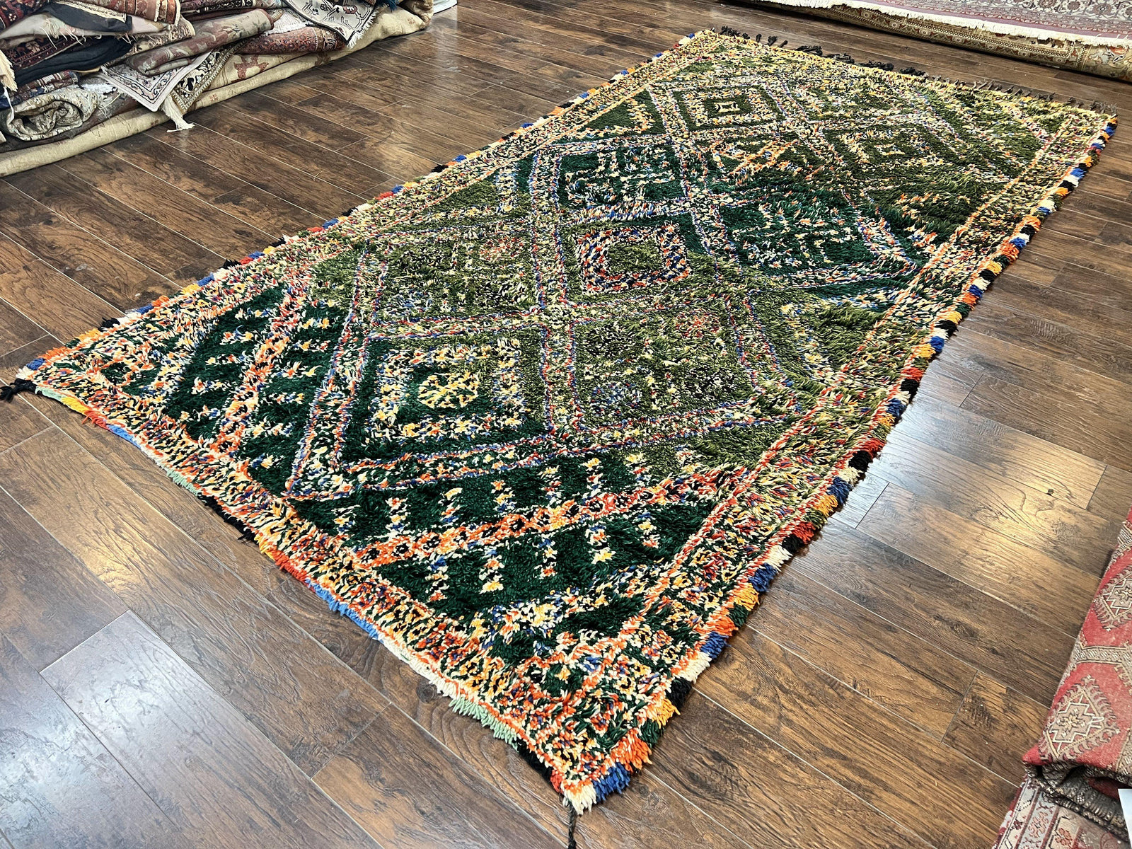 Large Moroccan Shag Rug 6x12, Green Multicolor Colorful Boho Rug, Handmade Hand Knotted Wool Carpet, Geometric Design, Vintage Rug