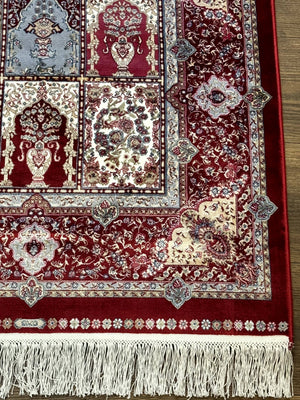 Turkish Silk Runner Rug 2.6 x 11.6, Panel Design, Dark Red Ivory, Bamboo Silk, New