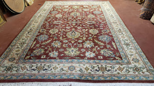 8x12 Indo-Mahal Rug, Floral Allover, Red & Beige, Wool Vintage Handmade Traditional Carpet