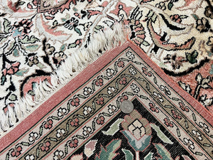Indian Kashmiri Silk Rug 9x12, Vintage Rug 9 x 12 ft, Salmon Ivory Black Hand-Knotted Silk on Cotton Oriental Floral Carpet, Traditional Rug