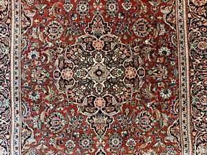 Persian Kashan Rug 4x7, Red and Navy Blue, Floral Antique Carpet