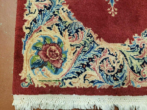 Small Persian Kirman Rug 2x4, Wool Oriental Vintage Handmade Carpet, Hand Knotted Floral Medallion, Red & Beige, Semi Open Field