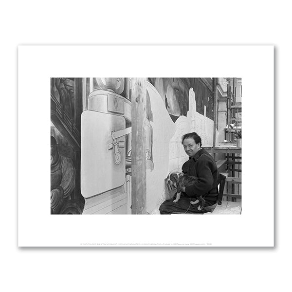Diego Rivera posing with a dog while working on the North Wall of his Detroit Industry murals at the DIA by unknown photographer
