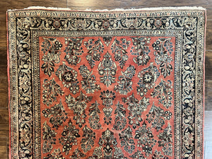 Antique Persian Sarouk Rug 4x7, Hand Knotted Wool Red Persian Carpet, Floral, Fine 300 KPSI
