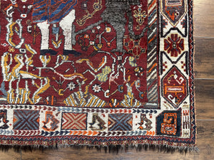 Antique Persian Shiraz Pictorial Rug 3.6 x 5, Persian Tribal Rug, Handmade, Lions, Highly Unique Collectible Small Persian Carpet, Maroon, Wool