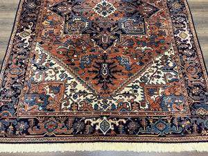 Heriz Rug 5.6 x 8, Geometric Medallion, Wool Oriental Carpet, Tribal Boho Rug, Red Navy Blue Cream, Belgium Power Loomed Rug, Medium Sized