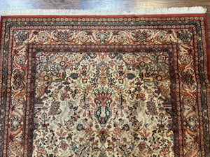 Antique Persian Rug 5x7, Allover Floral with Vases, Beige and Red, Belgian Power Loomed Rug, Vintage