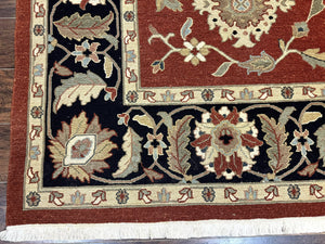 Indian Mahal Rug 8x10, Room Sized Wool Handmade Vintage Carpet, Red and Black, Floral, Flatweave Mahal Sultanabad Rug