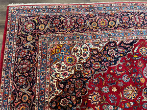 Large Persian Kashan Rug 11x14, Traditional Persian Carpet, Wool, Fine 250 KPSI, Red Navy Blue