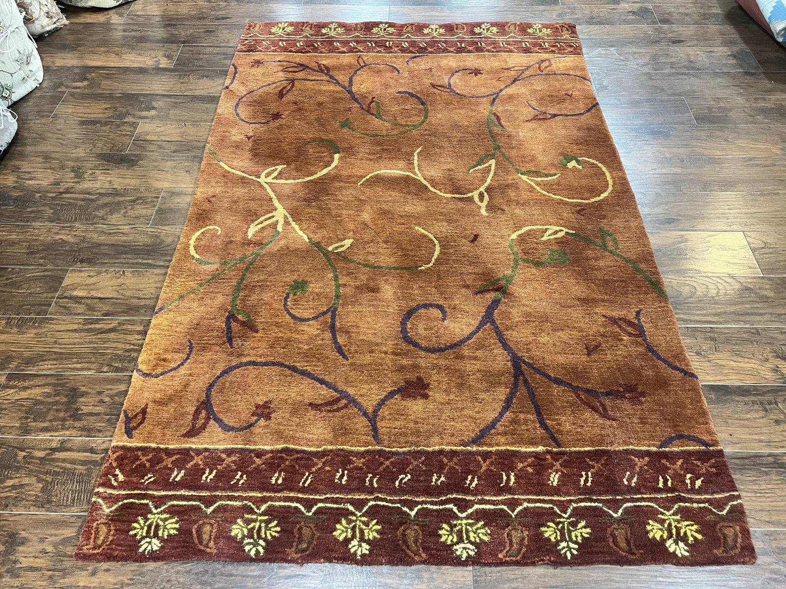 Pottery Barn Rug 5x8, Vintage Hand Tufted Carpet, Wool and Silk, Rust & Maroon