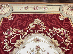 Large Aubusson Rug 10x14, Wool Handmade Vintage Carpet, Dark Red Ivory Tan, French European Elegant Aubusson Weave Rug