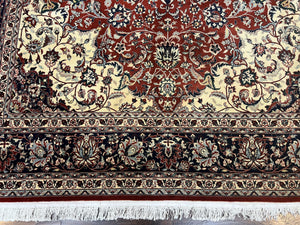 Fine Sino Persian Rug 7x10 ft, Floral Central Medallion Oriental Carpet, Red Navy Blue Cream, Hand Knotted Wool Traditional Vintage Rug