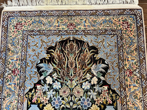 Wonderful Persian Isfahan Rug 3.7 x 5, Kork Wool on Silk Foundation, Very Fine 460 KPSI, Tree of Life Persian Vase Design Animal Pictorials Peacocks