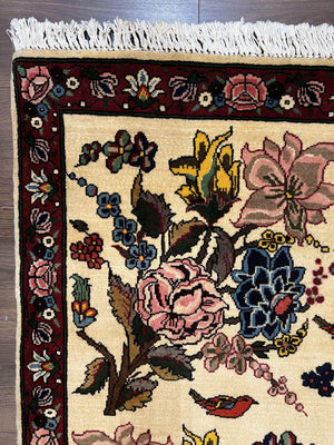 Persian Bidjar Rug 3.6 x 5 ft, Repeated Floral Motifs, Roses and Birds, Cream Burgundy, Fine Wool Oriental Bijar Carpet, Vintage Traditional Area Rug