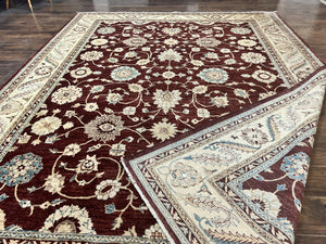 Peshawar Rug 9x11, Pakistani Oriental Carpet, Maroon and Beige, Floral Allover, Wool Hand Knotted Handmade Vintage Rug