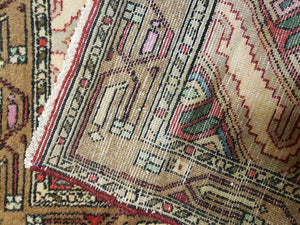 Small Persian Rug 2x3, Hand Knotted Handmade Wool Tribal Geometric Medallion Hamadan Carpet 2 x 3 ft Cream Red Camel Hair Color, Tiny Vintage Carpet