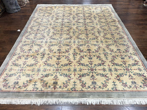 Sino Persian Rug 8x10, Floral, Oatmeal and Light Teal, Handmade Wool Vintage Carpet