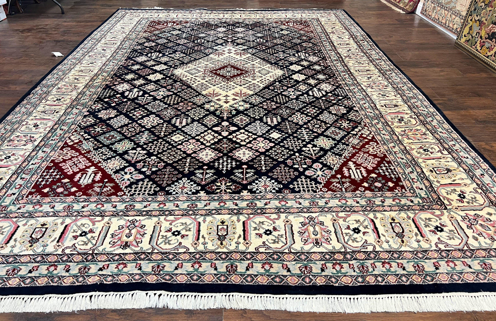 Indo Persian Rug 10x14, Large Wool Hand Knotted Vintage Carpet, Navy Blue & Ivory, 10 x 14 Room Sized Traditional Oriental Rug