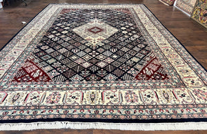 Indo Persian Rug 10x14, Large Wool Hand Knotted Vintage Carpet, Navy Blue & Ivory, 10 x 14 Room Sized Traditional Oriental Rug