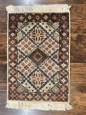 Small Indo Persian Rug 1.5 x 2, Hand Knotted Oriental Carpet, Wool Vintage Handmade, Cream Multicolor, Panel Design