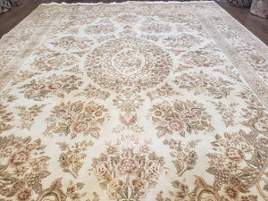 Sino Persian Rug 8x11, Ivory Floral Carpet, Vintage Wool Rug, Elegant Dining Room Rug, Hand Knotted Oriental Rug