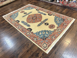Romanian Heriz Serapi Rug 6x9, Hand Knotted Vintage Wool Oriental Carpet, Medium Sized Area Rug, Boho Rug, Handmade Rug, Cream and Pink