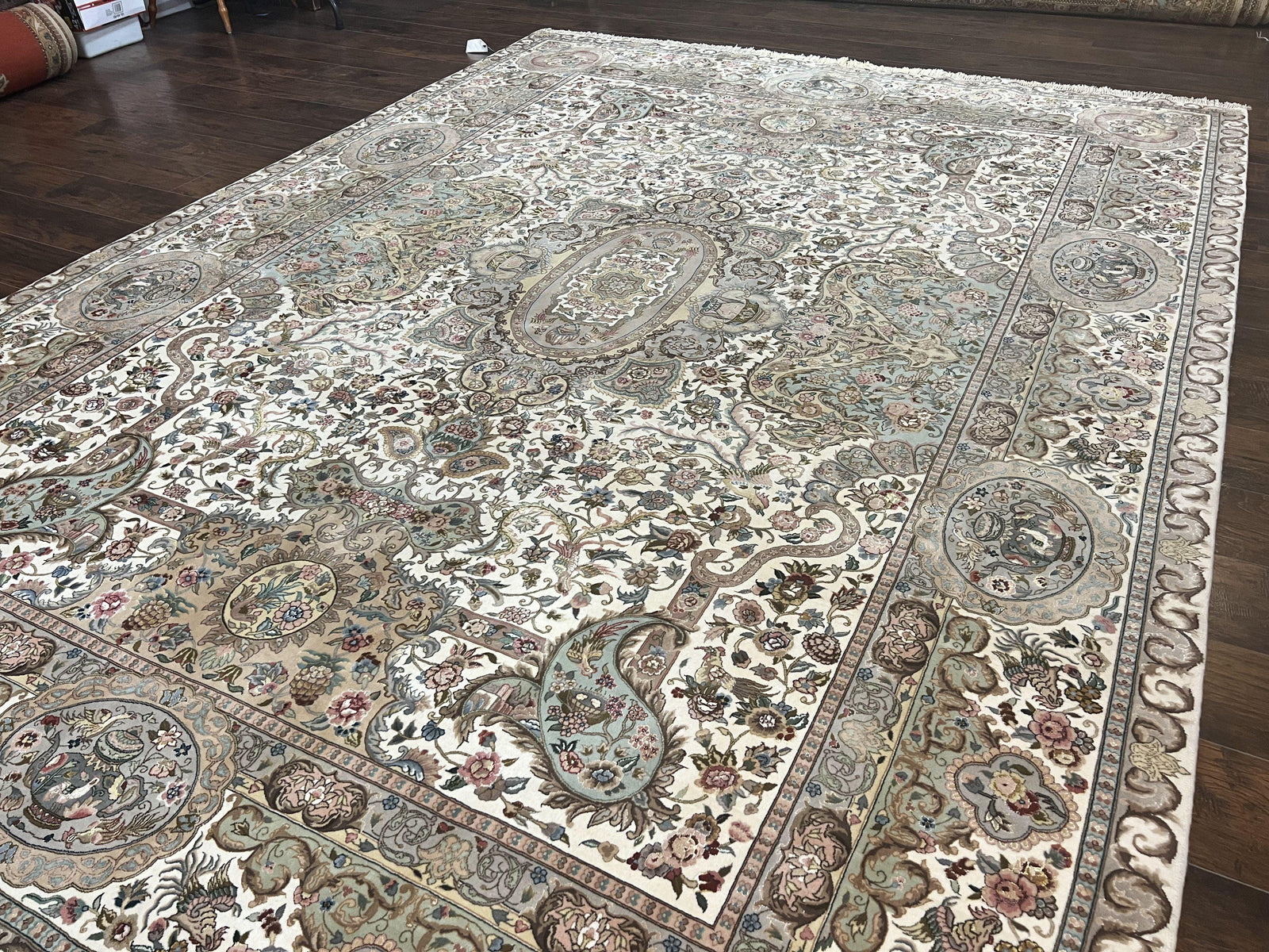 Sino Persian Rug 9x12, Wool on Silk Foundation Hand Knotted Ivory Vintage Carpet, Birds Design, Very Fine Room Sized Floral Oriental Rug