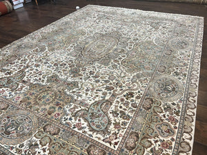 Sino Persian Rug 9x12, Wool on Silk Foundation Hand Knotted Ivory Vintage Carpet, Birds Design, Very Fine Room Sized Floral Oriental Rug