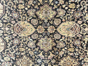Indo Persian Rug 9x12, Floral Allover, Midnight Blue, Handmade Vintage Wool Oriental Carpet
