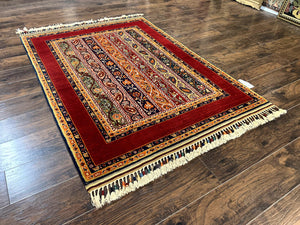Turkish Rug 4x6, Stripe Pattern, Red & Multicolor, Vintage Handmade Wool Carpet