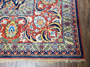 Square Turkish Mahal Rug 8 x 8.5, Colorful Square Carpet, Large 8ft Square Rug, Blue Red Yellow, Handmade Wool, Vintage, Large Flowers, Nice