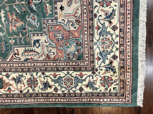 Indo Heriz Rug 9x12, Geometric Oriental Carpet, Room Sized Wool Handmade Hand Knotted Vintage Green and Cream Area Rug, Indian Rug 9 x 12