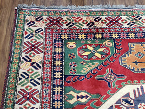 Vintage Turkish Kazak Area Rug, 6ft Square Rug, 6x6 Square Oriental Carpet, Hand-Knotted, Wool, Bold Colors, Red Blue Green, Geometric Rug