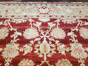 Peshawar Rug 9.5 x 10.8, Almost Square Size, Red and Beige Chobi Sultanabad Rug, Shah Abbas Flowers, Wool Handmade, Vintage Oriental Carpet