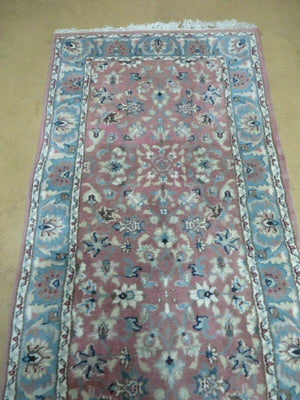 Indo Persian Runner Rug 2.8 x 12, Wool Hand Knotted, Pink and Light Blue