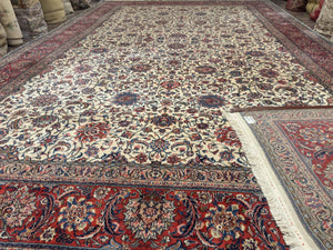 Ivory Persian Sarouk Rug 13x20, Palace Size Carpet, 225 KPSI, Traditional Wool Handmade Vintage Extra Large Rug 13 x 20 ft, Allover Pattern,