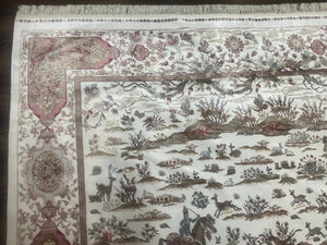 Large Turkish Silk Rug 8x10, Ivory, Hunting Design, Bamboo Silk, New