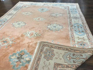 Turkish Oushak Rug 9x12, Wool Hand Knotted Vintage Carpet, Peach Cream Light Blue Room Sized Oriental Rug