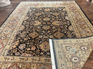Indo Persian Rug 9x12, Floral Allover, Midnight Blue, Handmade Vintage Wool Oriental Carpet