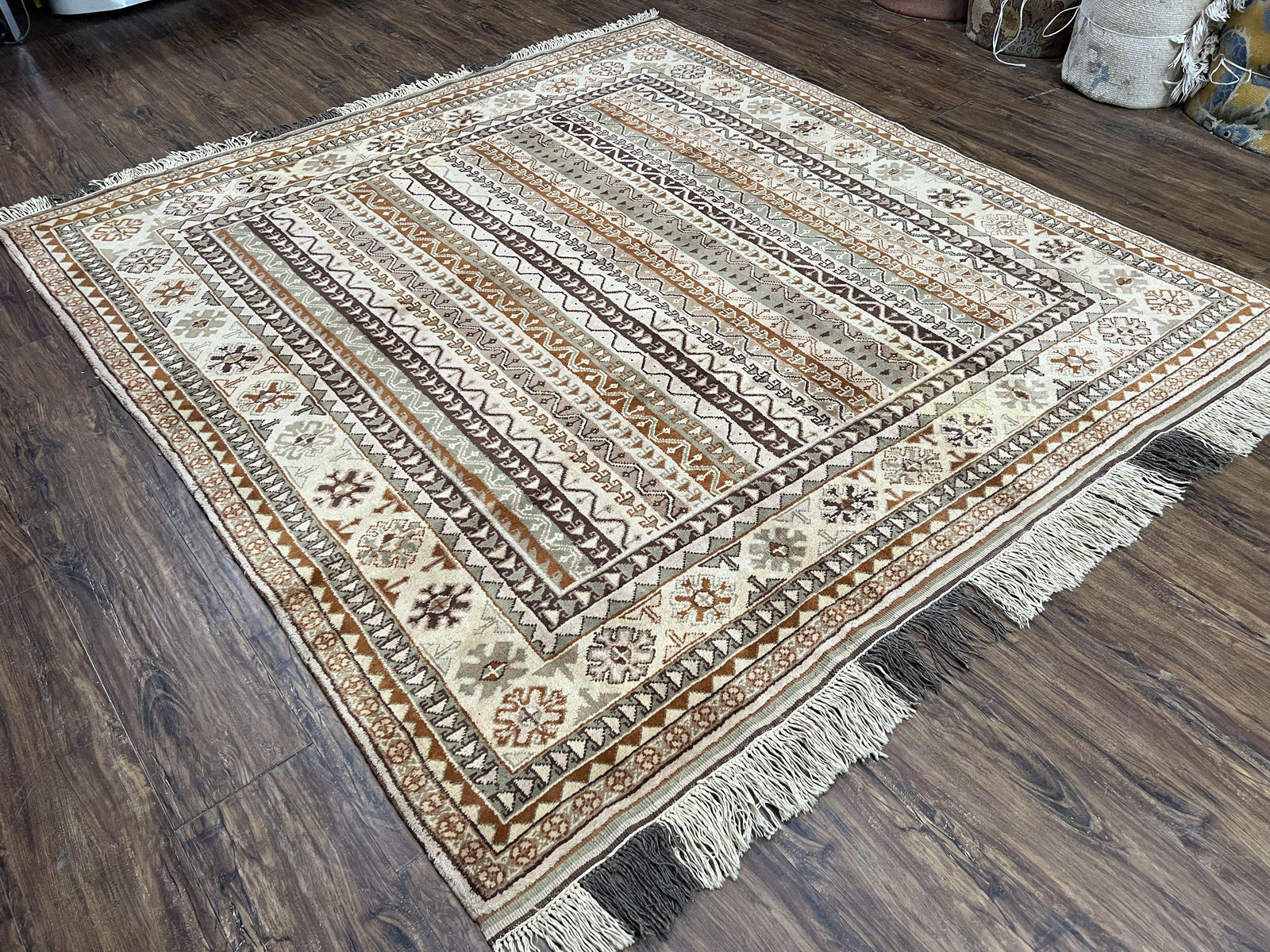 Striped Turkish Anatolian Rug 6x7 Almost Square Shaped Carpet Handmade Vintage Oriental Rug, Living Room Rug, Neutral Colors Cream, Wool Rug