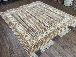 Striped Turkish Anatolian Rug 6x7 Almost Square Shaped Carpet Handmade Vintage Oriental Rug, Living Room Rug, Neutral Colors Cream, Wool Rug