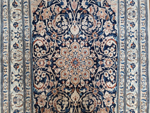 Persian Nain Rug 4x6, Ivory and Blue, Hand-Knotted, Wool & Silk