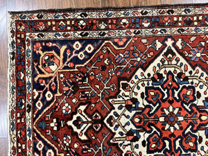 Persian Bakhtiari Rug 5 x 6.6, Tribal Geometric Carpet, Red Ivory, Handmade Wool Medium Sized Oriental Rug, Semi Antique Vintage