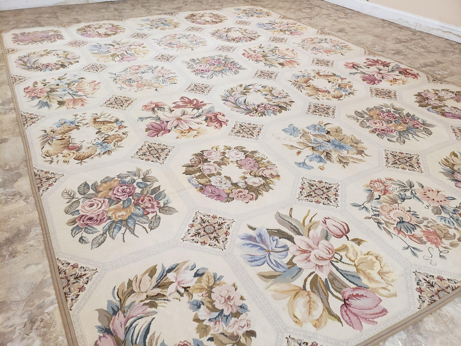 Needlepoint Rug 10x13 Vintage Carpet, Floral Panel Design, Beige, Multicolor Flowers, Handmade Hand Woven, Flatweave, No Pile, Wool