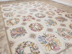 Needlepoint Rug 10x13 Vintage Carpet, Floral Panel Design, Beige, Multicolor Flowers, Handmade Hand Woven, Flatweave, No Pile, Wool