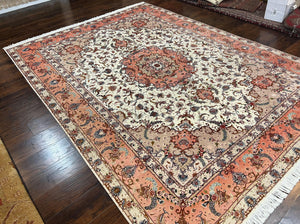 Wonderful Persian Tabriz Rug 9x12, Floral Medallion, Ivory and Salmon Red, Hand Knotted, Wool with Silk Accents, Very Fine Vintage Oriental Carpet
